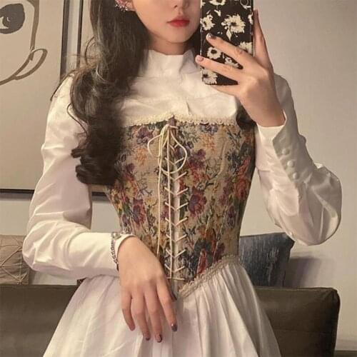 Women Suspender Corset Sping Autumn Summer Vintage Jacquard Bandage Corset Wrap Camisole Sexy Lace Strape