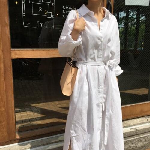 New Spring Autumn Fashion White Turn-down Collar Long Sleeve Single Breasted Pockets Sashes Woman Dress Blue Dresses