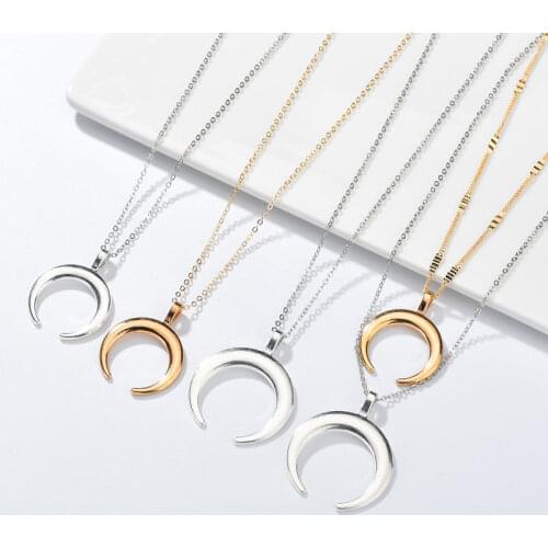 Moon Pendant Necklace Silver Color and Gold Half Moon Necklace Womens Horn Chain Gold Necklace Collares