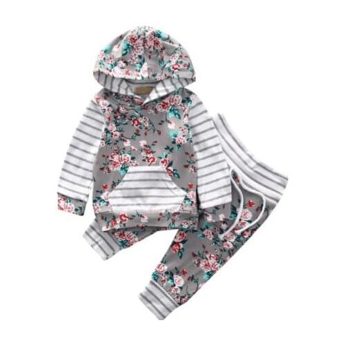 2018 New Fashion 2Pcs Kid Floral Clothes Set Baby Girls Long Sleeve Striped Flower Hooded Tops Pants Harem Outfits Set Clothes