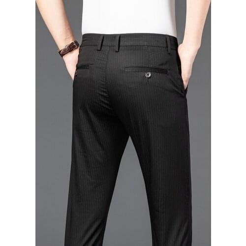 Stretch Stripe Dress Pants Men Slim Fit Man Suit Pant Length Formal Business Summer Suit Pants for Men Black Trousers 30-38