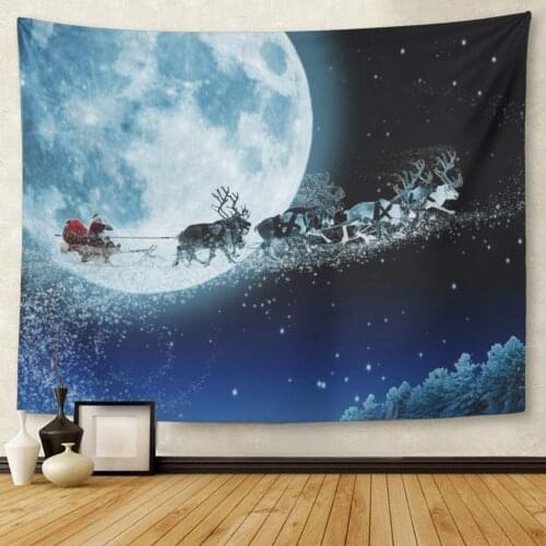 Santa Claus Get Move to Ride on Their Reindeer Magic Santas Sleigh Flying Over Christmas Fairy Forest Tapestry Wall Hanging