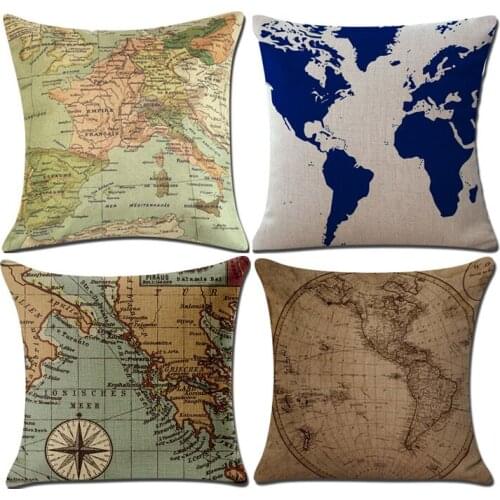 Hap-deer Retro Ancient World Map Pillows Cushion Home Decorative Pillow Linen Office Cushion cojines decorativos para sofa