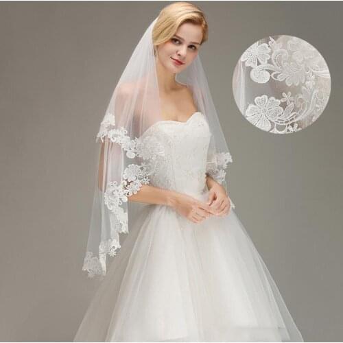 Cheap White Ivory Two Layers Lace Short Wedding Veils Tulle Applique Bridal wedding Veils 100% Real Image CPA1446