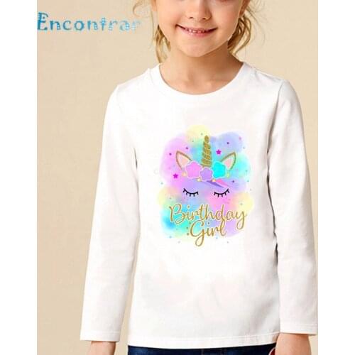 Children Happy Birthday Girl Unicorn Face Print T shirt Kids Funny Gift Cute Tops Boys Girls Long Sleeve Baby T-shirt,LKP5249