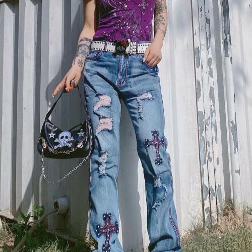 Emo Clothes Cross Old Shabby Worn-out Dilapidated Hip Hop Harajuku Alt Chain Y2K Trousers Pants Jeans Gothic Lolita Pants Jeans