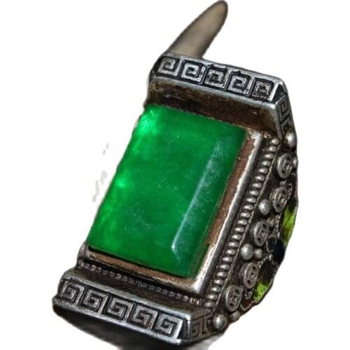 Chinese Old Craft Made Old Tibetan Silver Inlaid Green Jade Silver Ring