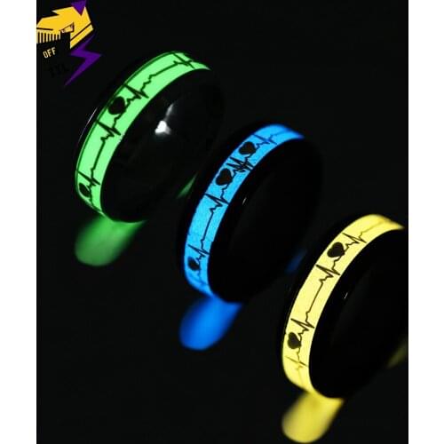 Blue Luminous Heart Electrocardiogram Rings Stainless Steel Glow in the Dark Wave Love Ring Female Male Wedding Aneis Jewelry