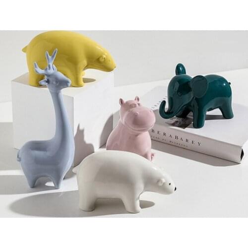 Nordic Creative Morandi Ceramic Animal Figurines Polar Bear Elephant Hippo Elk Ornaments Home Decoration Accessories Party Craft