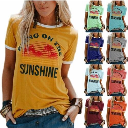 Summer sunshine coconut tree print round neck cotton breathable comfortable casual short-sleeved T-shirt regular wide cloth