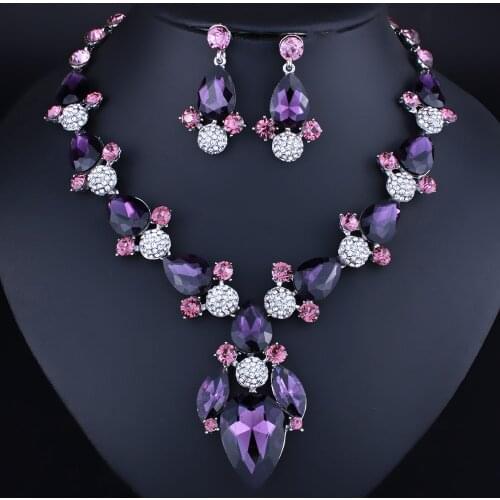 Luxury Wedding Crystal Bridal Jewelry Sets Women Big Green Red Rhinestones Prom Pageant Party Necklace Earrings Set For Bride