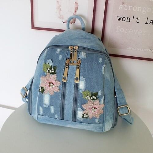 Backpack Women Fashion Denim Flowers Embroidery Beads Bagpack Zipper Casual Packing Travel Bag Hole Ripped Jeans Backpack