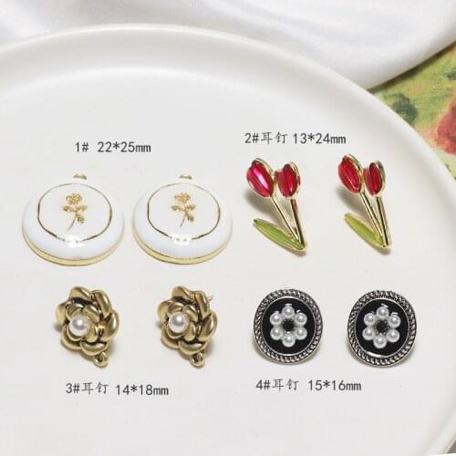Alloy rose tulip 925 silver needle pearl earrings flower round pendant diy handmade jewelry earrings accessories