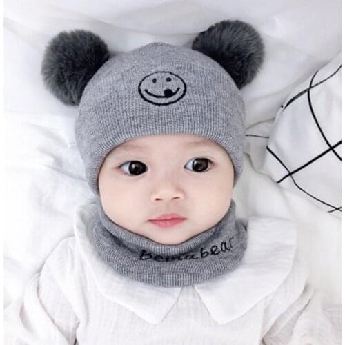 Smiling Face Newborn Baby Hats Scarf Infant Baby Girls Boys Beanie Winter Warm Ear Protection Knitted Wool Turban Bonnet Cap