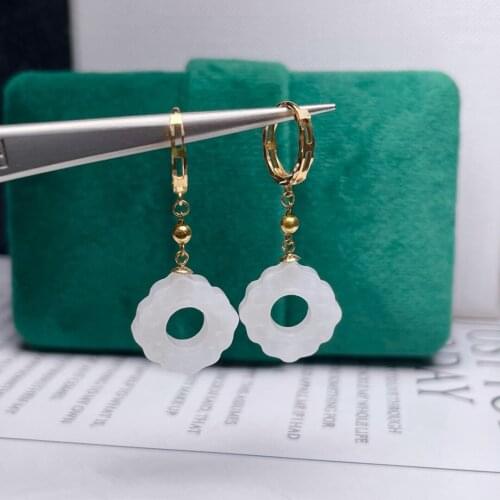 SHILOVEM 18k yellow gold real Natural white Jasper drop earrings classic fine Jewelry women wedding gift 12mm myme12126685hby