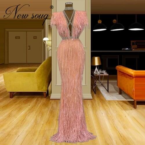 Couture Formal Muslim Dubai Evening Dresses Pink Beaded Tassel Prom Dress For Weddings Arabic Dubai Party Gowns Evening Wear