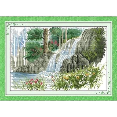 Spring Waterfall Counted 14CT Cross Stitch Embroidery Kits DMC Scenery Pattern 11CT Printed Canvas DIY Needlework Home Decor