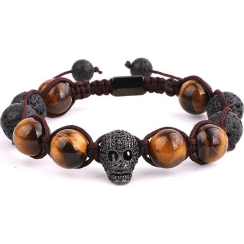 High Quality Drop Shipping Big Size Natural Stone And Black CZ Skull Charm Beads Macrame Bracelet Men Jewelry