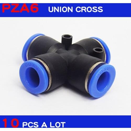 High quality 10Pcs 6mm 4 Way Cross Style Pneumatic Tube Push in Quick Fittings PZA6