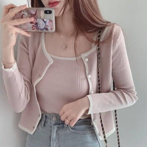 Sweet Contrast Short Knit Cardigan Two-piece Design Single-breasted Sweater Women Slim Sling Set