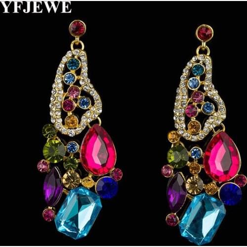 YFJEWE Wholesale Fashion Style Gold Color Colorful Crystal Rhinestone Dangle Drop Earring Jewelry Women Party Accessories E096