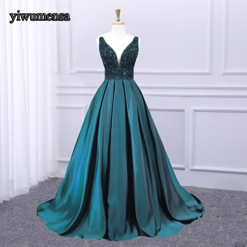 YIWUMENSA Luxury Sexy Deep V Neck Prom Dress 2021 Heavy Shinny Beading Crystal Backless A Line Evening Formal Stage Party Gowns