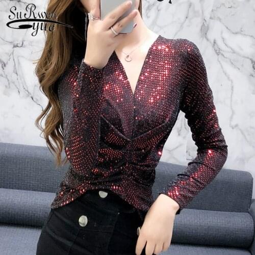 2021 New Korean Fashion Bright Screen Yarn Backing Slim Women Shirts Sexy Long Sleeve Tight Women Tops and Blouses 8494 50