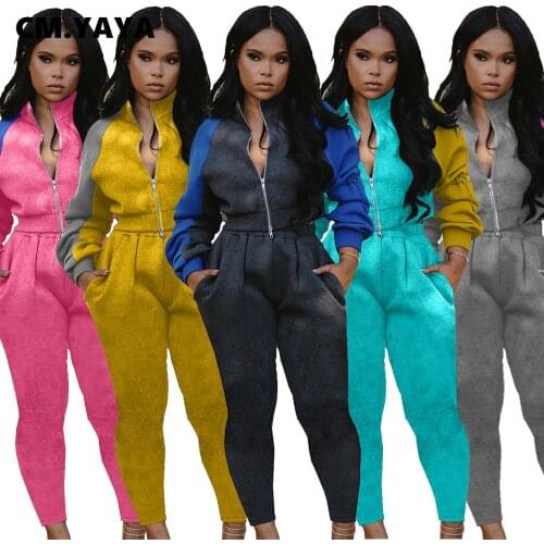 CM.YAYA Active Womens Set Patchwork Zipper Sweatshirt Jogger Pants Matching Set Sport Tracksuit Fitness Two Piece Set Outfit
