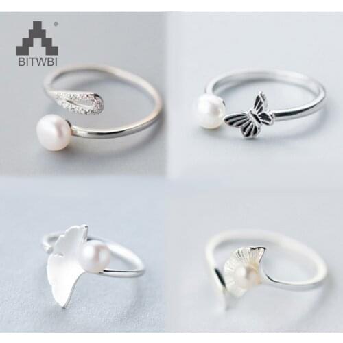 Elegant Cute Ginkgo Flower Butterfly Pearl Rings 100% 925 Sterling Silver Jewelry Vintage Wedding Rings for Women Bride Gift