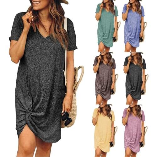 New Lady 2022 Summer New Style Womens Dress Versatile Skirt Revers Cuff Crew Neck Short-sleeve Dress Side Edge Knot Dress