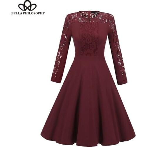 Bella Philosophy 2019 winter women vintage dress patchwork lace empire A-line dress long sleeve mid calf O Neck party dress
