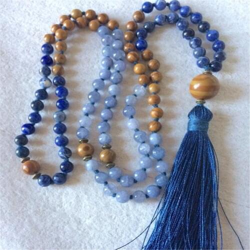 6mm Wood grain Gemstone Aquamarine Lasurite 108 Mala Necklace Yoga Lucky Chic Chakra Elegant Wrist Buddhism Pray Spirituality
