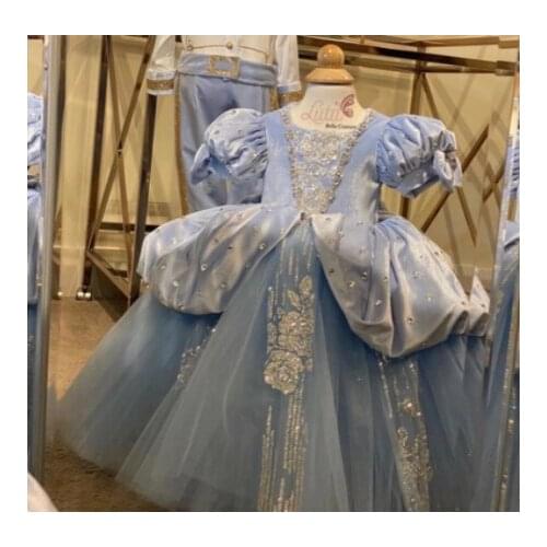 Sky Blue Ball Gown Flower Girl Dress For Wedding Princess Birthday Dress Satin Tulle Sequined Kids Clothes Pageanet Gown
