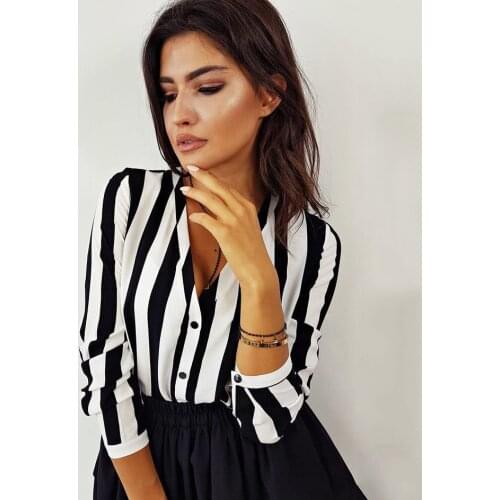 Hirigin Summer Fashion Womens Vertical Stripes Shirts Long Sleeve V-Neck Blouses Tops Blusa De Las Mujeres Camisas Dropshipping