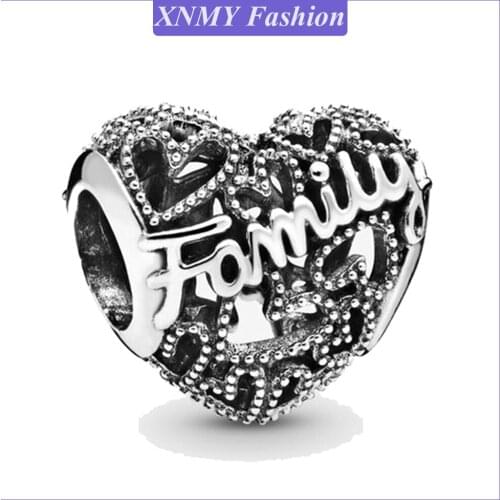 XNMY High Quality Silver Color Family Heart Charm Bead Fit Original Pandora Bracelet for Women Diy Jewelry Family Gift