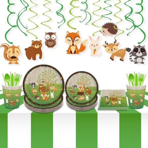Woodland Party Decorations Carton Jungle Safari Animals Party Disposable Tableware Kids Baby Happy Birthday Event Party Supplies