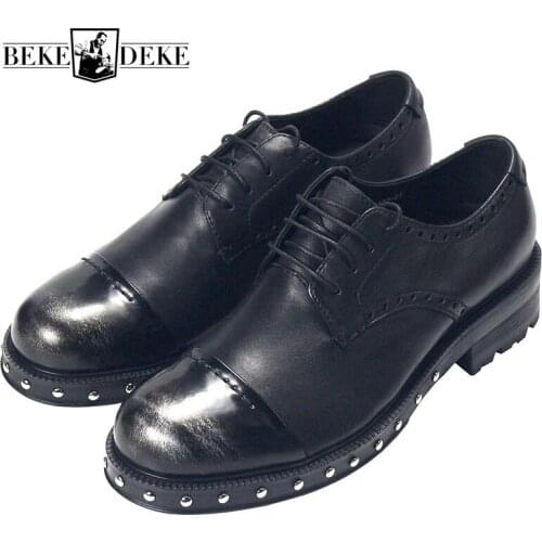 Designer Black Real Leather Derby Shoes Men Lace Up Rivet Cowhide Platform Shoes Luxury Office Party Wedding Dress Zapatos 34-45