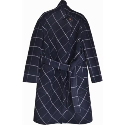Double sided wear cashmere wool fabrics womens fashion winter coat mid-long plaid buckle collar M/L/XL