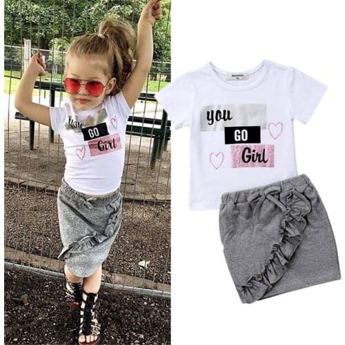 Wholesale Fashion Children Girls Clothes Sets Letter 2Pcs Summer Kids Girls Short Sleeve T shirt Top and Skirts Outfits