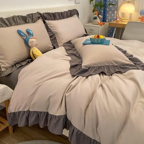 Korean Washed Cotton Bedding Set Milk Tea Color Ruffled Down Duvet Cover Sheet Bed Four-piece Set Pure Color Simple Bedding