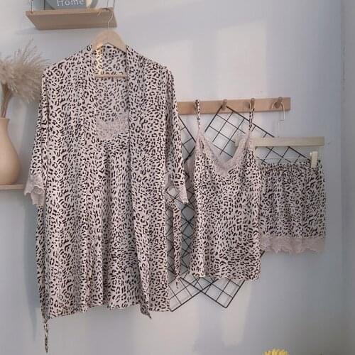 Leopard 4PCS Pajamas Set Satin Faux Silk Women Sleepwear Lace Kimono Robe Gown Sexy Nightwear Lingerie 2021 New Lounge Wear