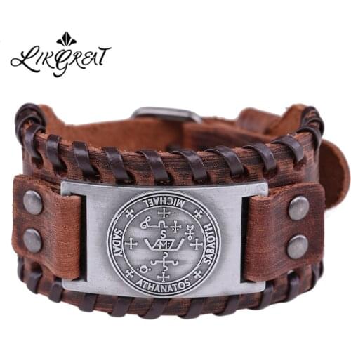 LIKGREAT Michael Archangel Wristband Bracelet Men Pulseira Masculina Amulet Pagan Genuine Leather Mens Cuff Bracelets Jewelry
