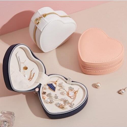 Cute Heart Shpe Mini Jewelry Box Zipper PU Travel Earrings Necklace Ring Storage Case Portable Jewelry Casket Gift
