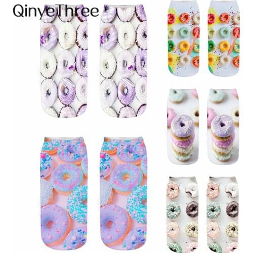 New Hot Selling Funny 3D Printed Macaron Donuts Dessert Unisex Fresh Purple Green Foods Patterned Short Ankle Socks Dropship