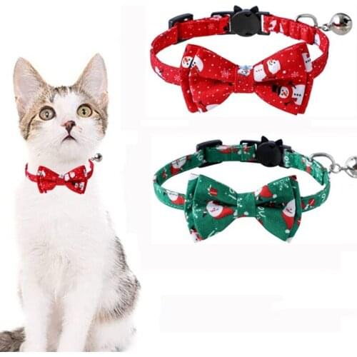 Pet Christmas Theme Print Collar With Removable Bow Tie And Bell Breakaway Buckle Safety for Puppy Kitten Cute Pet Supplies