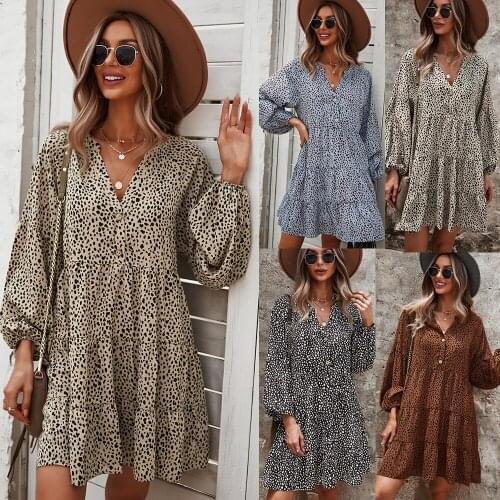 Self-Developed and Designed Long Sleeve Fashion Womens Wear 2021 Leopard Print Stud for Autumn and Winter Printed Dress