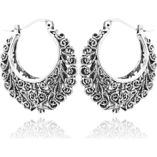 Dreamlike Earrings Ethno Gross Decorated Earrings Bohemian Vintage Tibet Long Hanging Round Hoop Earrings Wide Antique Style Sil