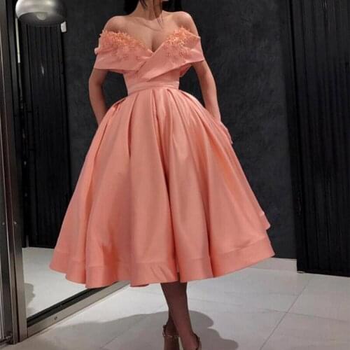 Evening Dresses 2021 New Party Formal Evening Gowns Zipper Back Pageant Prom Dress Pockets Tea-length Off Shoulder Middle