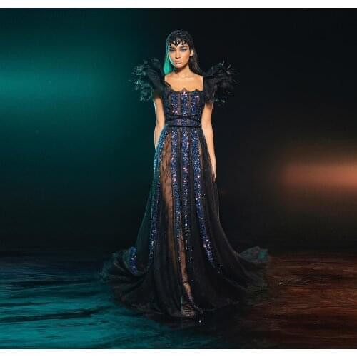 2021 Unique Illusion Lace Women Formal Event Dress Shiny Sequin Beaded Long Prom Gowns Gothic Women Dresses