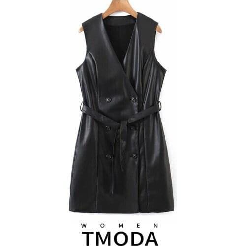 TMODA1668 Za 2021 Autumn Winter Women Fashion Tide Double Breasted PU Leather V-neck High Waist Sleeveless Black Dress Female